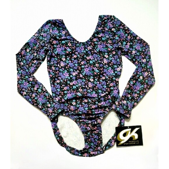GK Tops - GK Elite VTG Field of Flowers Cotton Blend LS Leotard Bodysuit Purple AS Adult S